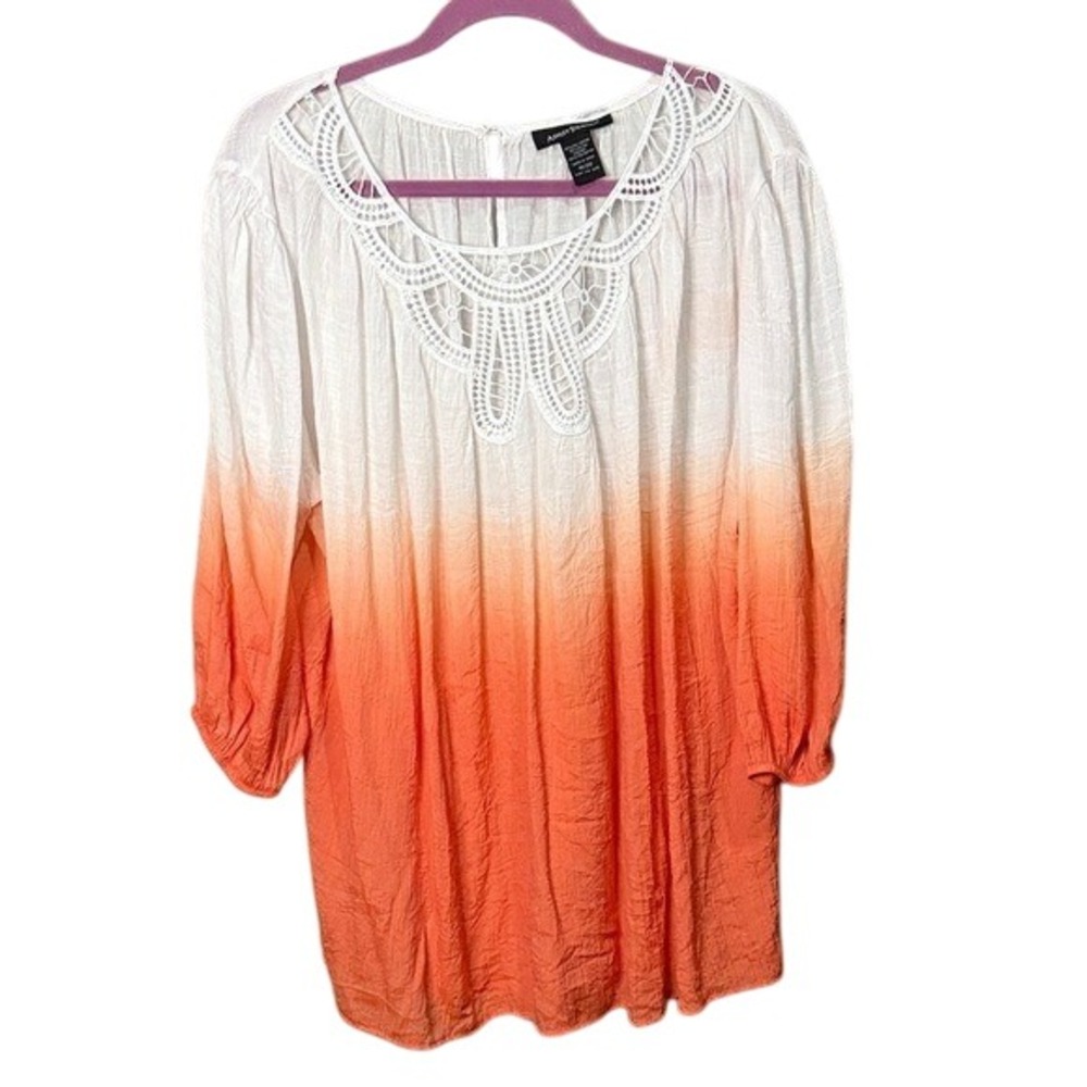 Ashley Stewart White Orange Ombre Crochet Neckline Blouse‎ Plus Size 18/20